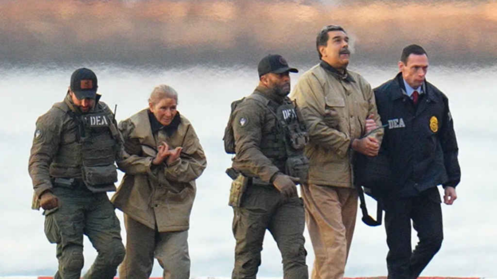 Maduro esposado, rodeado de policías armados y con una chaqueta gruesa que evidencia el clima frío