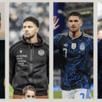 Collage con algunos de los jugadores de fútbol que van al mundial que han sido mencionados entre los más bellos del certamen: Richard Ríos, Maduka Okoye, Rodrigo De Paul y Mikel Merino.