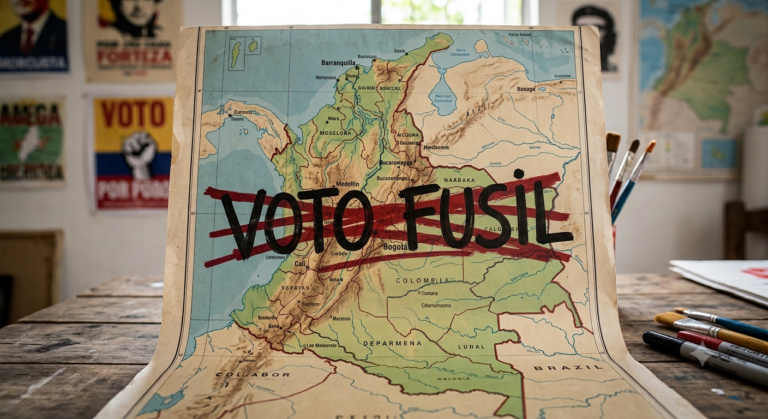 Mapa de Colombia con la expresión "voto fusil" tachada.