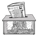 Es una ilustración hecha por Juan Grajales de un periódico que se llama La Prensa siendo destruido por una máquina para triturar papel.