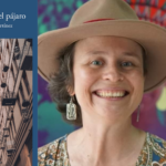 Foto de la portada del libro y de la escritora, sonriente y de sombrero
