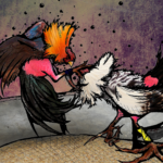 Ilustración colorida de una pelea de gallos