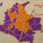 Ilustración del mapa de Colombia en dos colores y una aguja e hilo cosiendo los pedazos