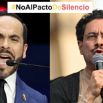 Rostros de Abelardo de la Espriella e Iván cepeda hablando por micrófono