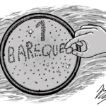 Ilustración de una batea con oro y las pepitas forman la palabra Barequeo