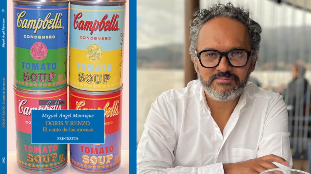 Portada del libro Doris y Renzo con imágenes de sopas Campbell y el rostro del autor Miguel Ángel Manrique.