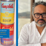 Portada del libro Doris y Renzo con imágenes de sopas Campbell y el rostro del autor Miguel Ángel Manrique.