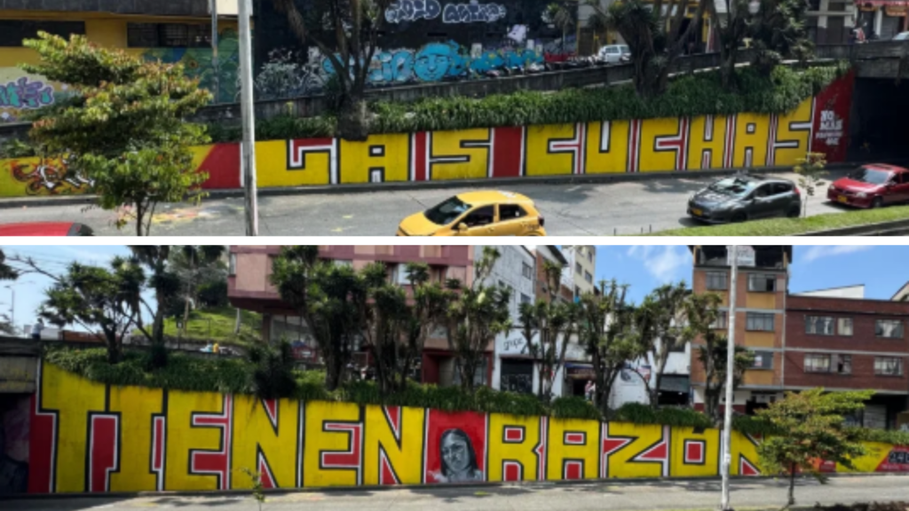 2 imágenes del mural callejero Las cuchas tienen razón, en Manizales.