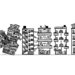 Ilustración en blanco y negro de edificios cayéndose