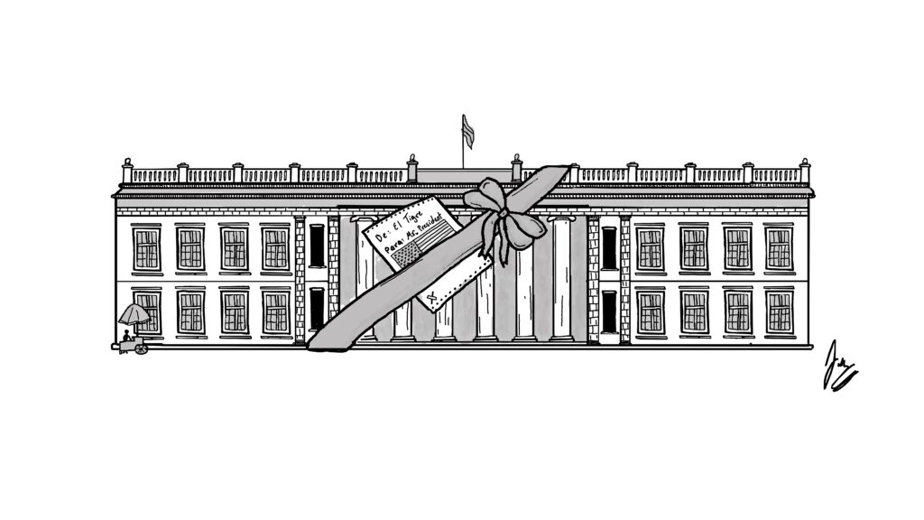 Ilustración de Juan Grajales, llamada "Souvenir" que muestra la Casa de Nariño con un moño para regalo y con una tarjeta que dice "De: El Tigre. Para: Mr. President". La tarjeta tiene la bandera de USA de fondo.