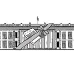 Ilustración de Juan Grajales, llamada "Souvenir" que muestra la Casa de Nariño con un moño para regalo y con una tarjeta que dice "De: El Tigre. Para: Mr. President". La tarjeta tiene la bandera de USA de fondo.