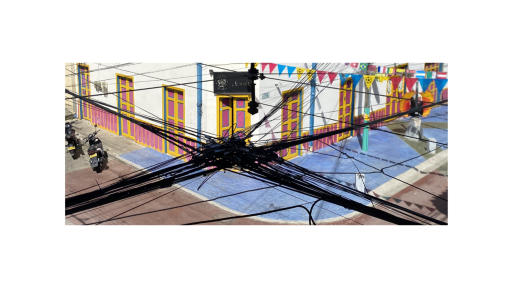 Fragmento de una foto de una casa cafetera tradicional con techo de paja. En el primer plano se ven unos cables de energía.