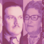 Imagen en blanco y negro con filtro morado de los rostros de Max Grillo, Bernardo Arias Trujillo, Carmelina Soto y Albalucía Angel