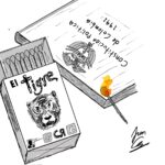 Una ilustración de una caja de fósforos que tiene una imagen de un tigre y que dice "El Trigre". En la parte inferior dice "Cero Democrático". Al lado hay una cerilla encendida encima de la Constitución.