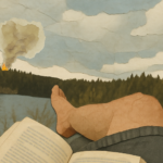 Ilustración de un hombre leyendo en un bosque