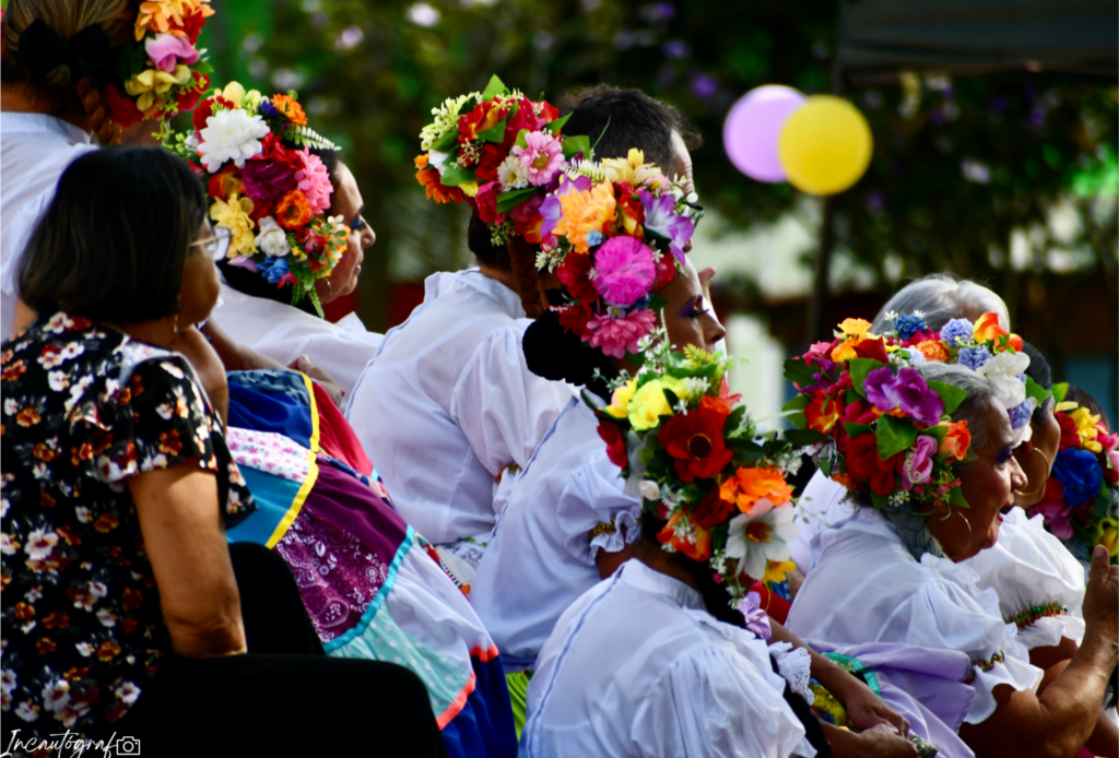 Grupo de mujeres mayores con flores en la cabeza