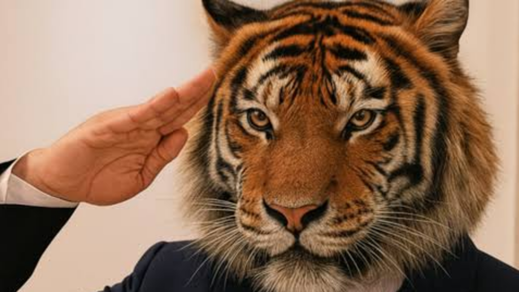Imagen creada con IA: cabeza de tigre, saludo militar y traje de corbata.