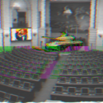 Imagen del Capitolio distorsionada con un tanque de guerra presidiendo y dos pantallas que muestran la imagen de Abelardo de la Espriella haciendo el saludo militar.