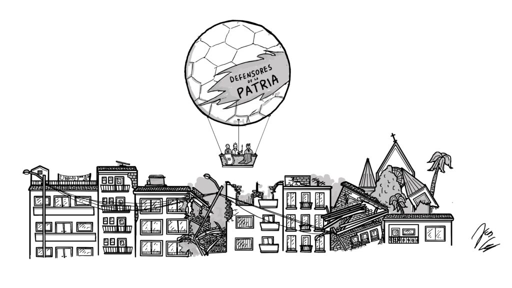 Ilustración de Juan Grajales en la que se ve un gran globo que dice "defensores de la patria" en el que se ven dos banderas colgadas, la de Israel y la de Estados Unidos. En el globo va Abelardo de la Espriella con Benjamín Netanyahu y Donald Trump, sobrevolando los estragos del terremoto.