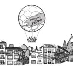 Ilustración de Juan Grajales en la que se ve un gran globo que dice "defensores de la patria" en el que se ven dos banderas colgadas, la de Israel y la de Estados Unidos. En el globo va Abelardo de la Espriella con Benjamín Netanyahu y Donald Trump, sobrevolando los estragos del terremoto.