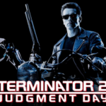Afiche de la película Terminator: en negro un hombre en motocicleta