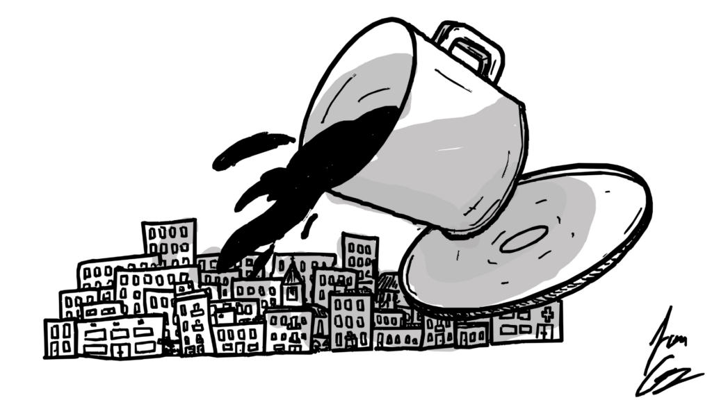 Un pocillo derramándose sobre toda una ciudad