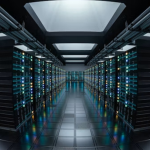 Un centro de datos de IA, muchas torres de computadores.