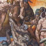 Detalle de El Juicio Final, fresco de Miguel Ángel en el que se ve a la derecha a Minos con los rasgos de Bagio di Cesena. Capilla Sixtina, 1536 - 1541.