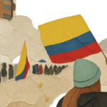 Collage de personas manifestándose con banderas de Colombia.