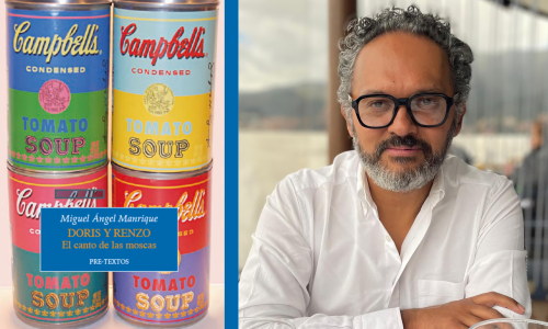 Portada del libro Doris y Renzo con imágenes de sopas Campbell y el rostro del autor Miguel Ángel Manrique.
