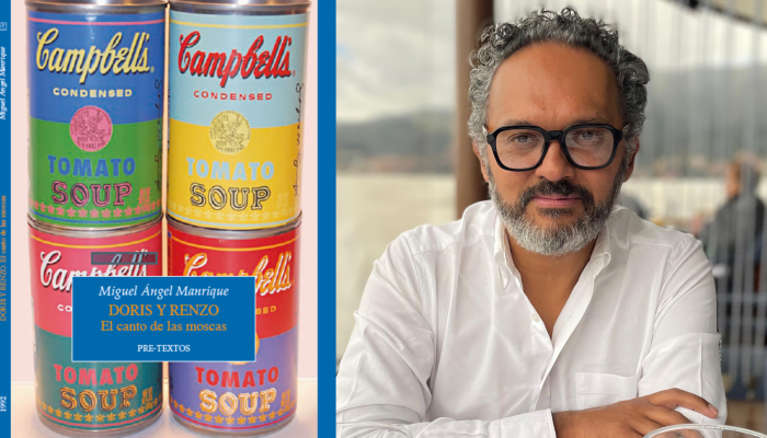 Portada del libro Doris y Renzo con imágenes de sopas Campbell y el rostro del autor Miguel Ángel Manrique.