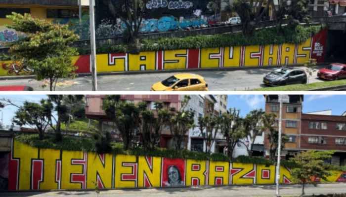 2 imágenes del mural callejero Las cuchas tienen razón, en Manizales.