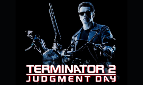 Afiche de la película Terminator: en negro un hombre en motocicleta
