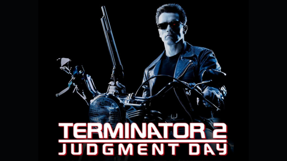 Afiche de la película Terminator: en negro un hombre en motocicleta