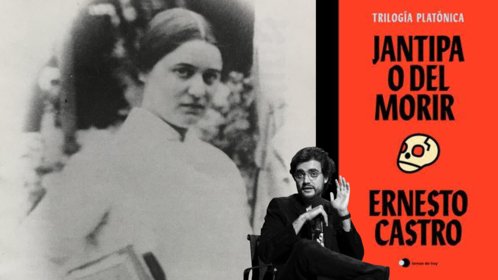 Portada de un libro en rojo y dos fotos en blanco y negro