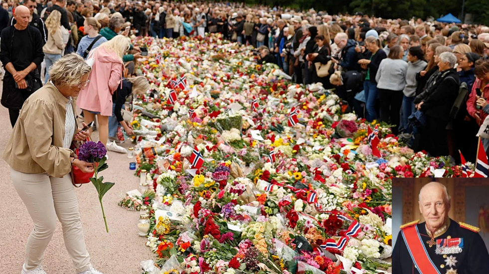 Cientos de flores en las puertas del palacio real de Noruega, por la muerte del rey.
