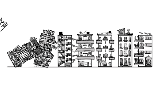 Ilustración en blanco y negro de edificios cayéndose