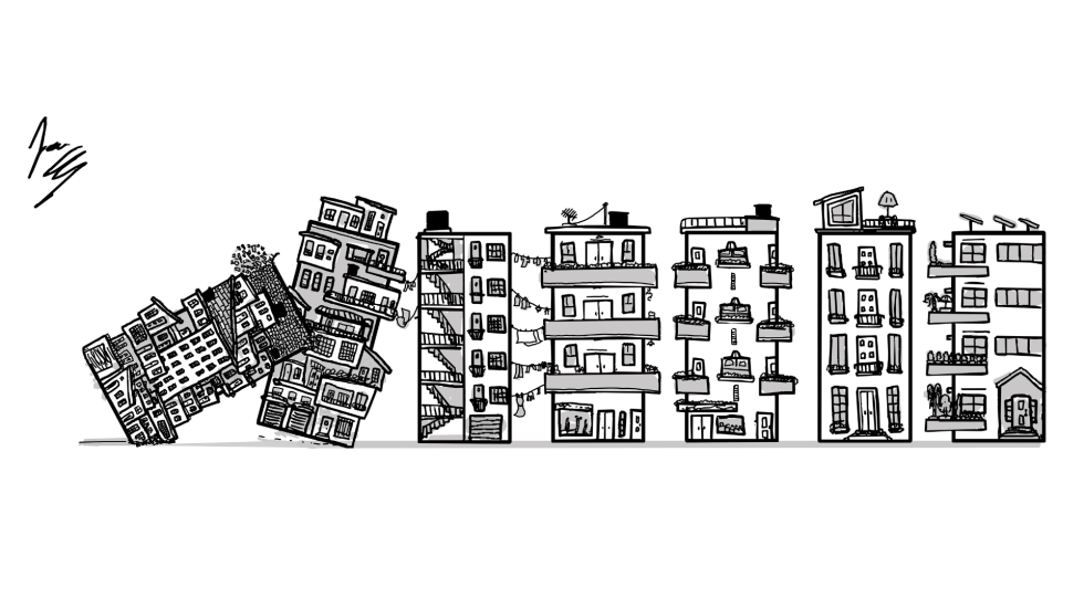 Ilustración en blanco y negro de edificios cayéndose