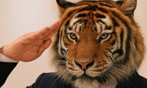 Imagen creada con IA: cabeza de tigre, saludo militar y traje de corbata.