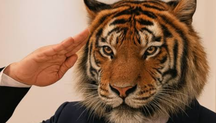 Imagen creada con IA: cabeza de tigre, saludo militar y traje de corbata.