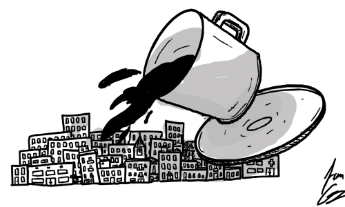 Un pocillo derramándose sobre toda una ciudad