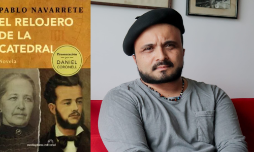 Portada del libro El relojero de la catedral, que tiene fotos antiguas de un hombre y una mujer, y foto del autor Pablo Navarrete