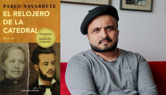 Portada del libro El relojero de la catedral, que tiene fotos antiguas de un hombre y una mujer, y foto del autor Pablo Navarrete