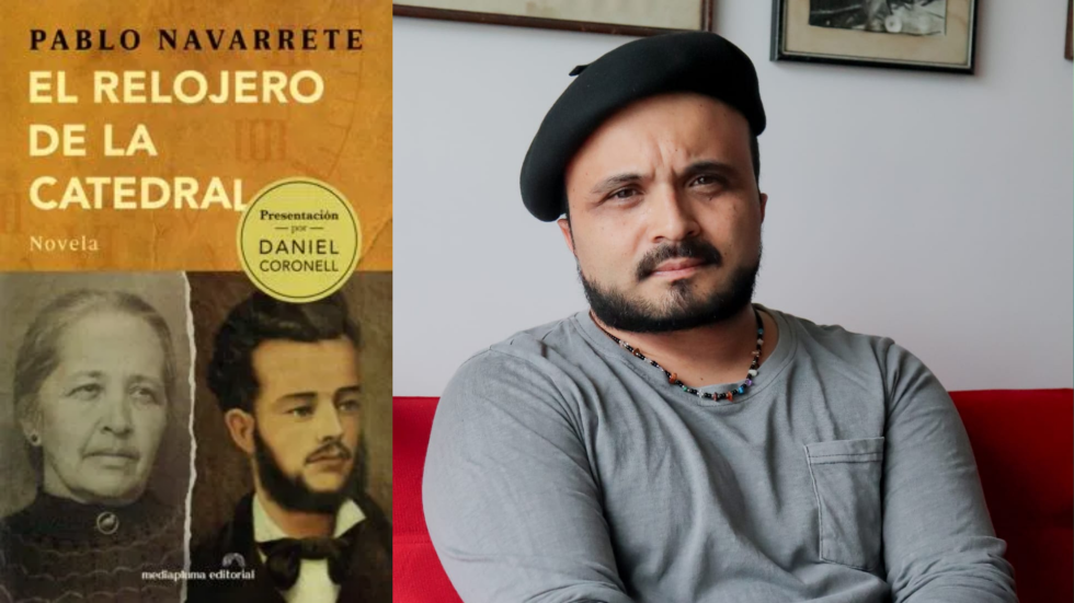 Portada del libro El relojero de la catedral, que tiene fotos antiguas de un hombre y una mujer, y foto del autor Pablo Navarrete