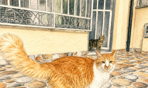 2 gatos en la puerta de una casa