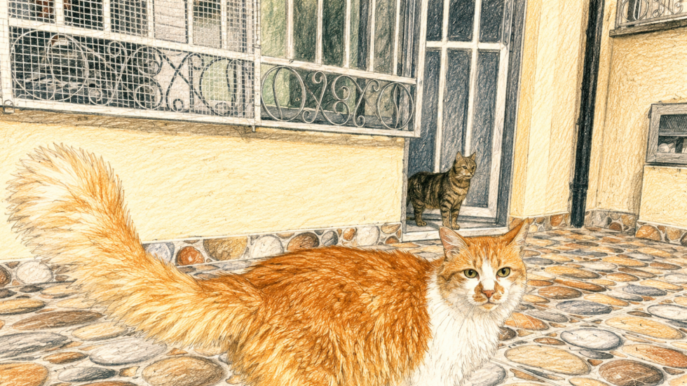 2 gatos en la puerta de una casa