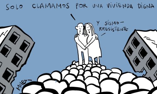 Caricatura de una pareja parada sobre escombros