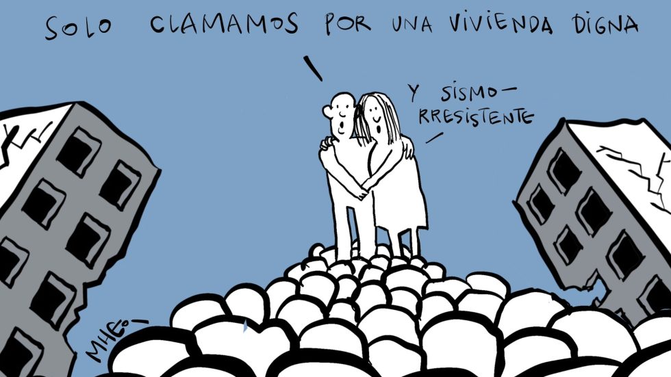 Caricatura de una pareja parada sobre escombros