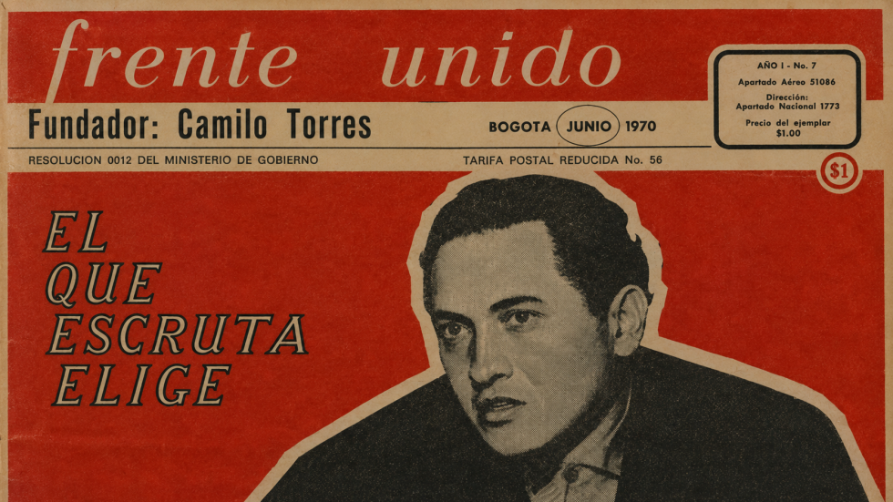 Rostro de Camilo Torres en la portada de El frente Unido y la frase El que escruta elige