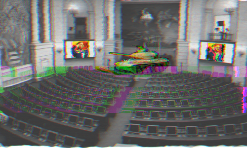 Imagen del Capitolio distorsionada con un tanque de guerra presidiendo y dos pantallas que muestran la imagen de Abelardo de la Espriella haciendo el saludo militar.